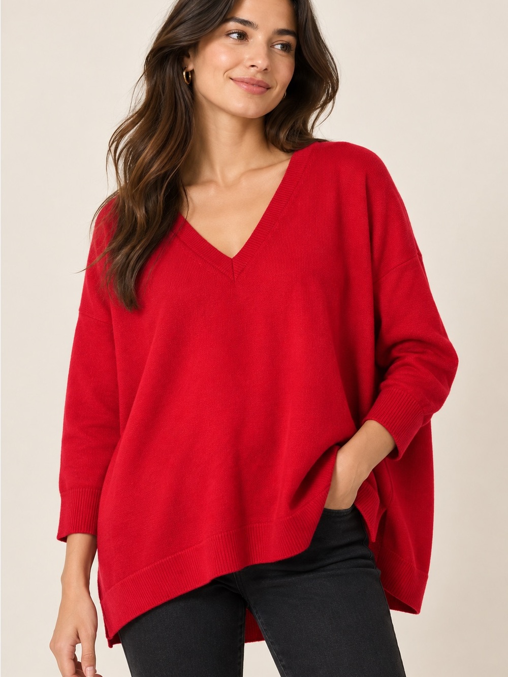 100% Merino Wool Eileen Fisher V-neck Womens Fall Sweater Holiday Cozy Christmas